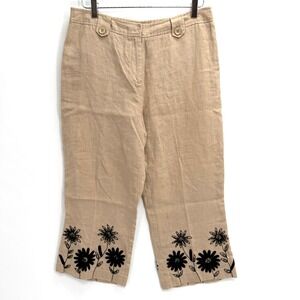 Sandra 100% Linen Floral Embroidered Cropped‎ Pants Size 12 Tan Beige Spring